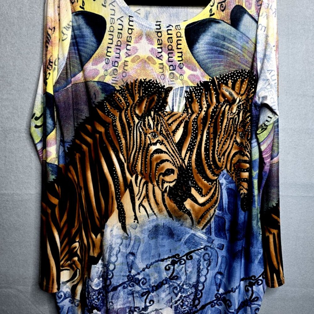 Womens Zebra Tunic Top Size Large Ruche Sides Bling  Pullover